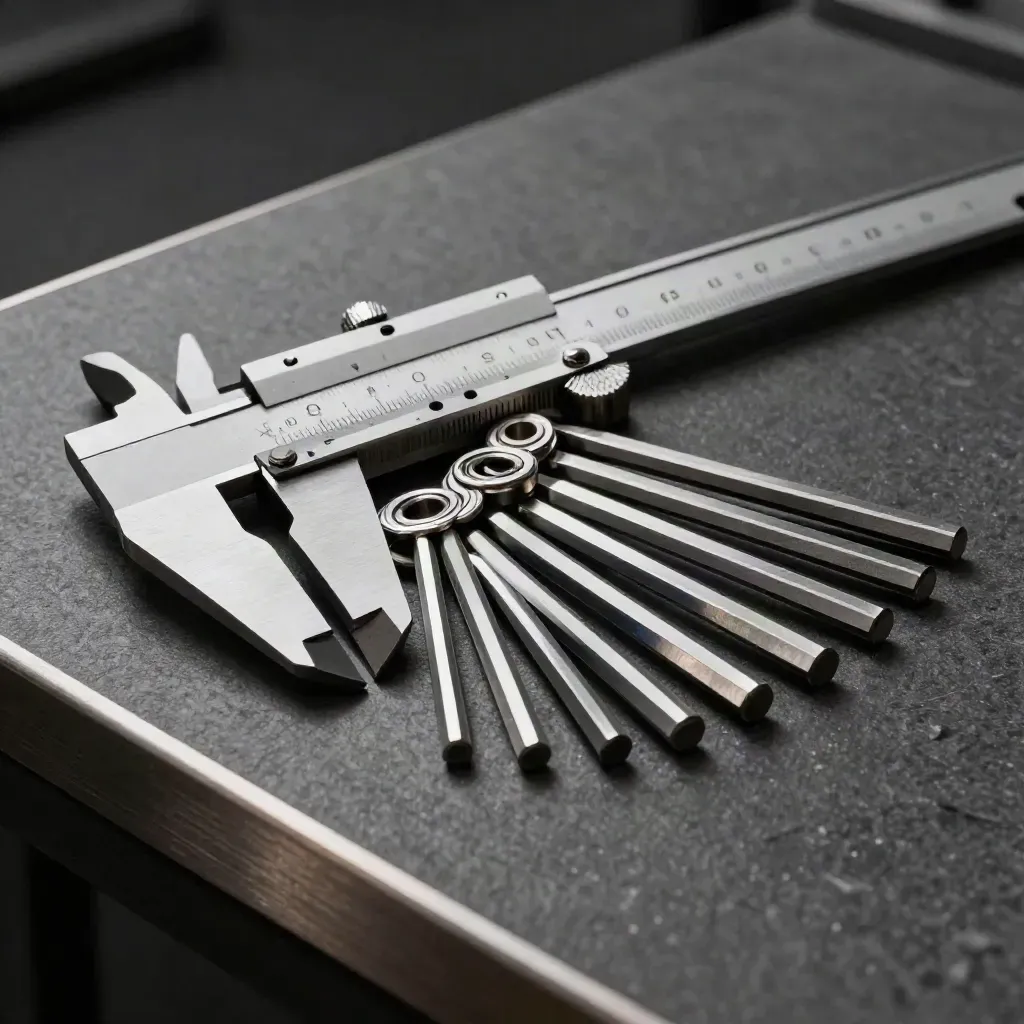 Steel calipers, hex keys and a graphite bearing block on dark stone under hard studio light.