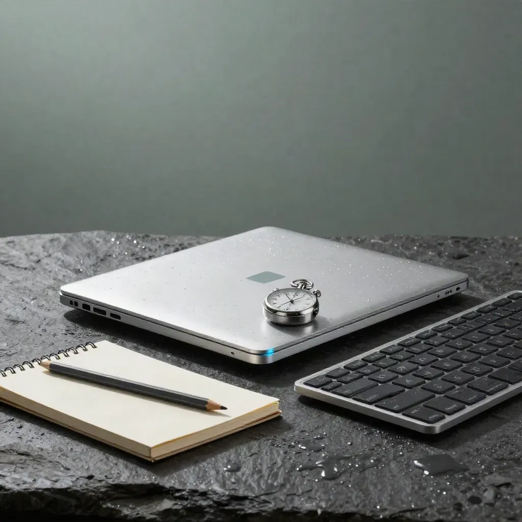 Closed silver ultrabook, stopwatch, keyboard and notebook on rain-damp slate in soft studio light.