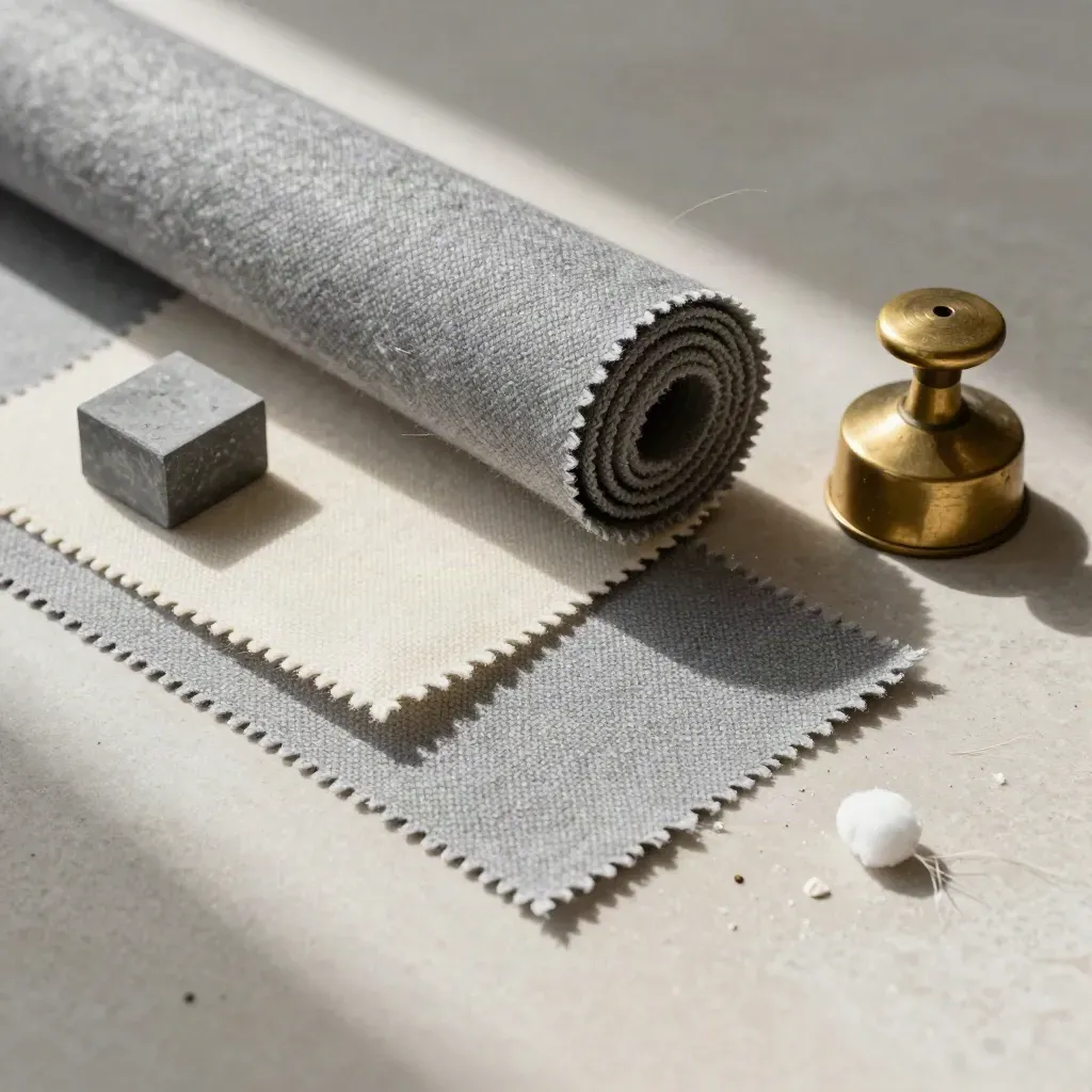 Rolled wool swatches, chalk block and brass weight on pale stone in soft light.