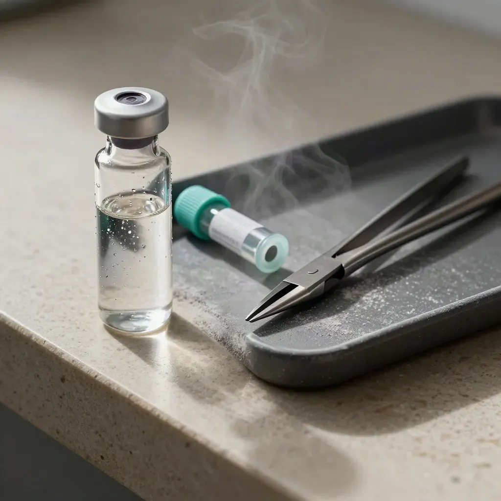 Lab still life with vial, sample tube and forceps on a stone tray in cold shadow