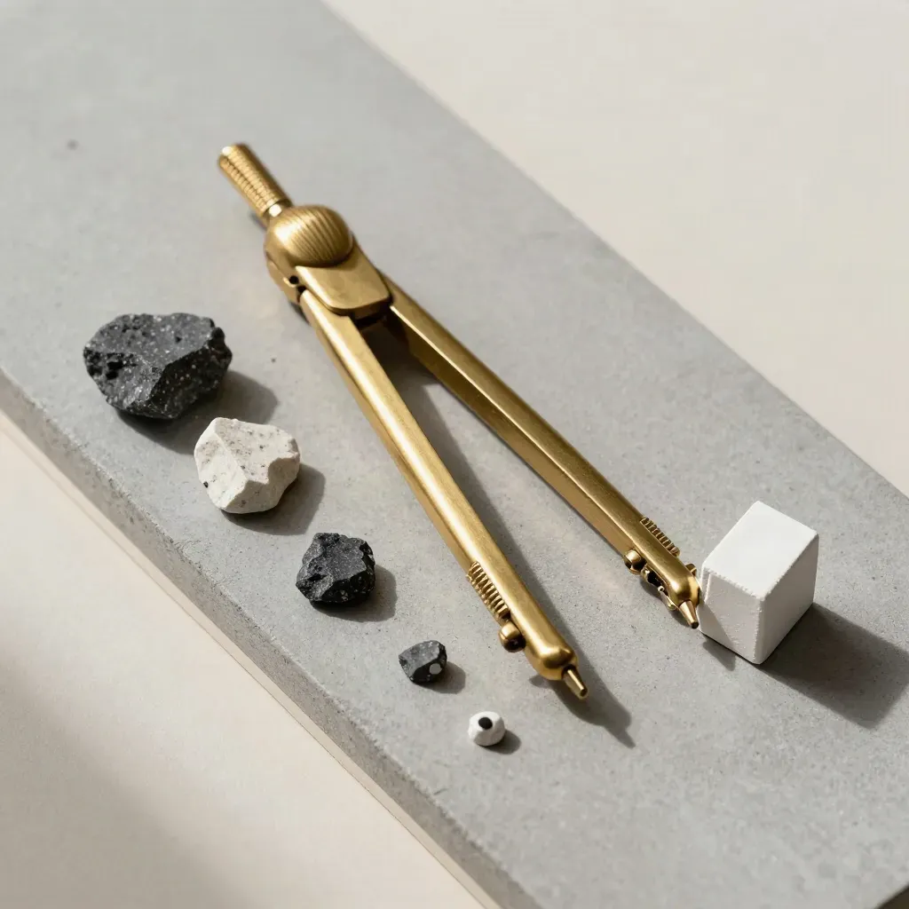 Brass compass, stone chips and plaster model corner on greige concrete, shot overhead with soft shadow.