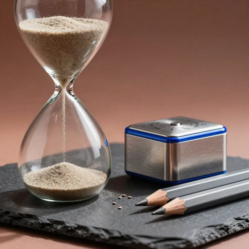 Hourglass mid-flip with steel timer and two pencils on a slate surface.