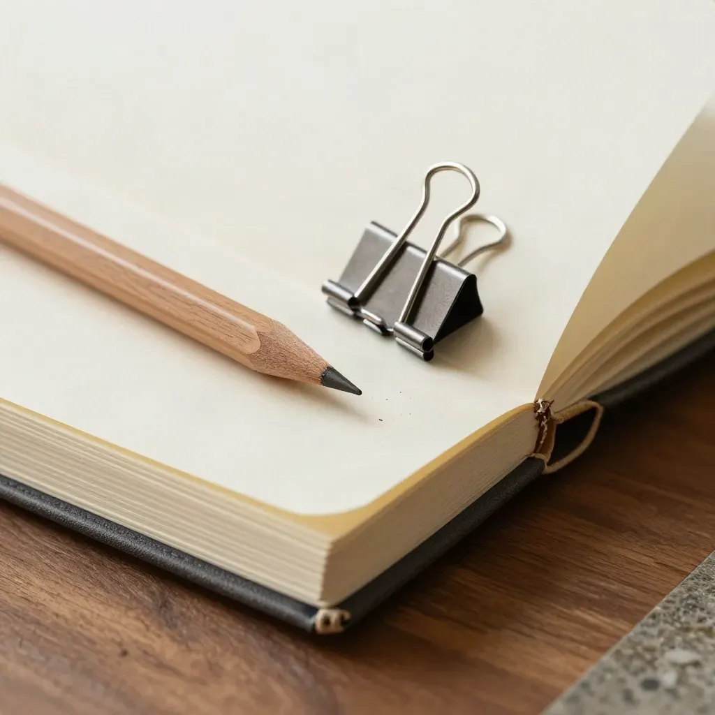 Top-down macro of a notebook, pencil stub and binder clip on warm walnut with paper texture.