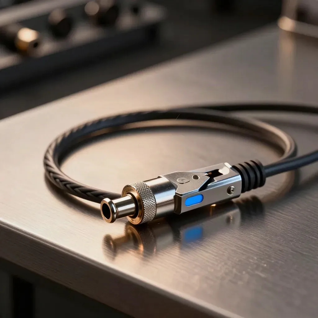 Braided cable, audio jack and clamp on brushed metal in dramatic macro light