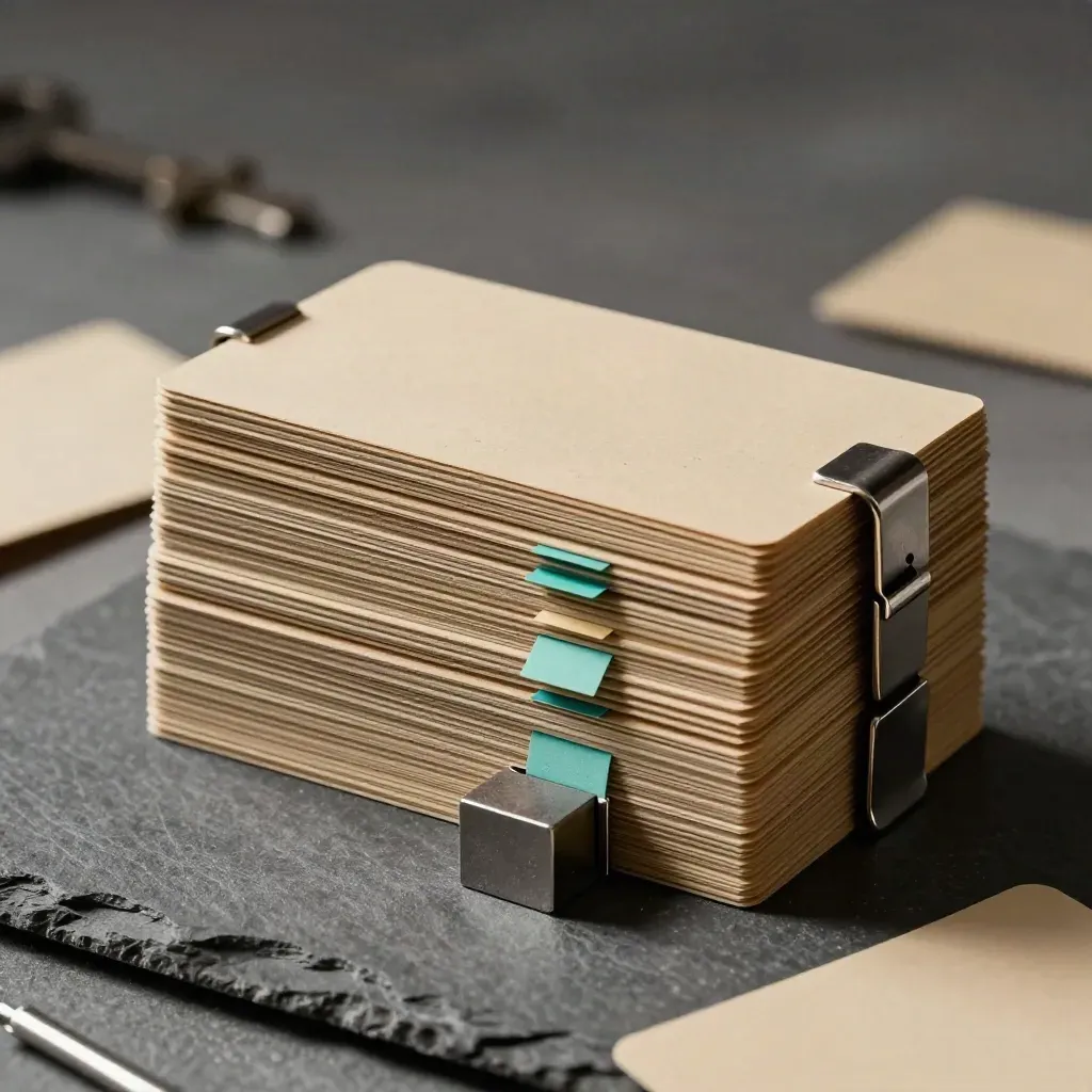 Stack of blank index cards fanned like a tree with clips, cube, and teal tab