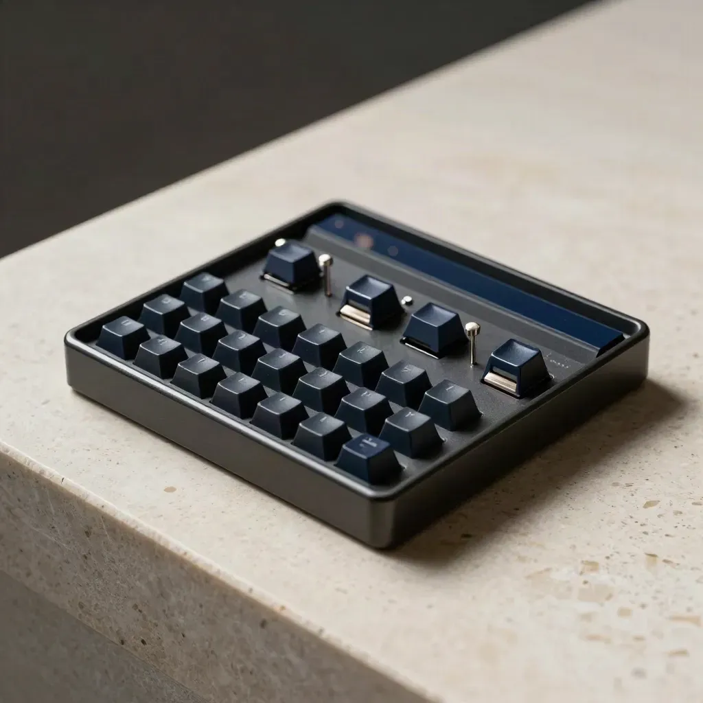 Switch tester with blank keycaps, black tray and tool pin on travertine, dramatic studio light