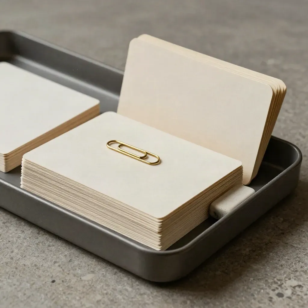 White cards, brass clips and an eraser arranged in a modular tray on limestone.