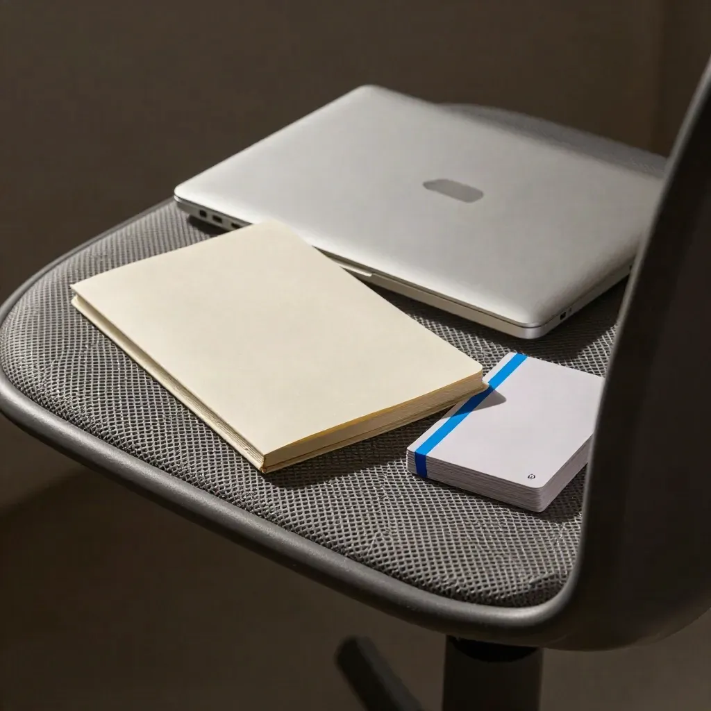 Closed laptop, notebook and flashcards on a mesh chair edge under dramatic studio light.
