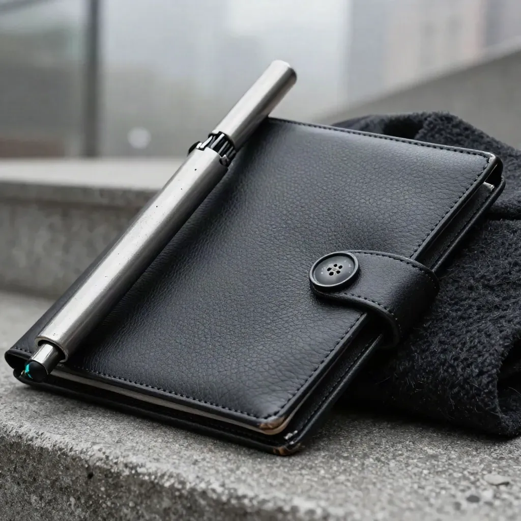 Macro still life of a black leather interview folio, steel umbrella handle and wool button on concrete.