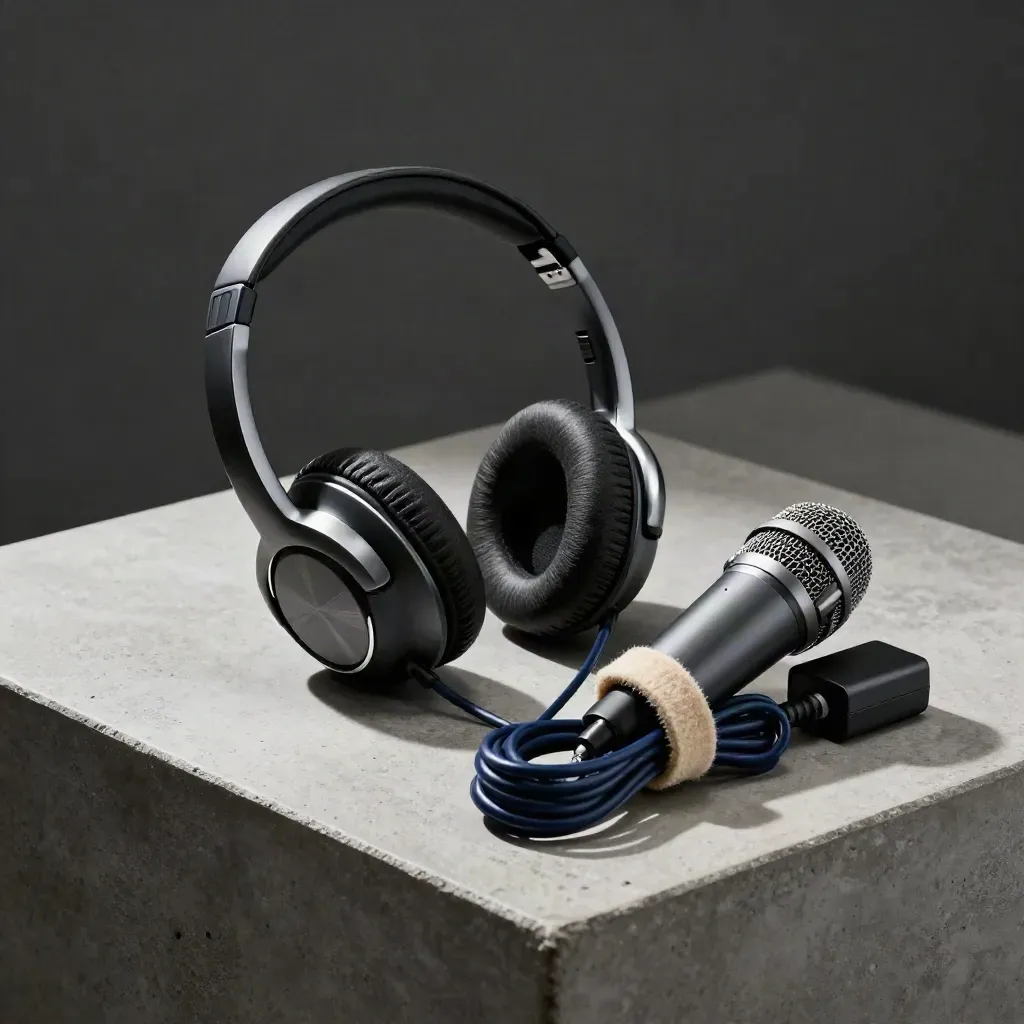 Matte headset, desktop mic and coiled cable on concrete in dramatic studio light.