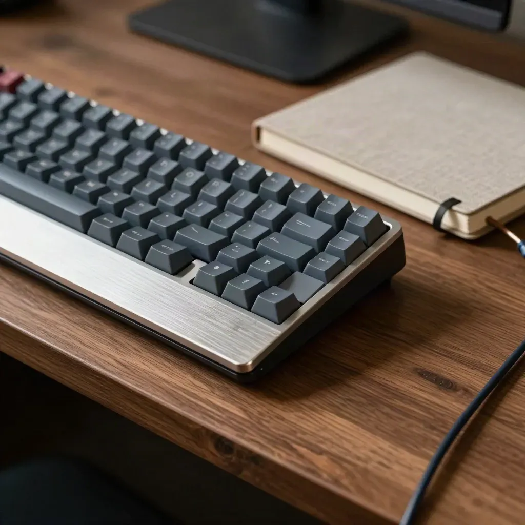 Macro of a worn mechanical keyboard, wrist rest, notebook and blurred cable in dramatic light.