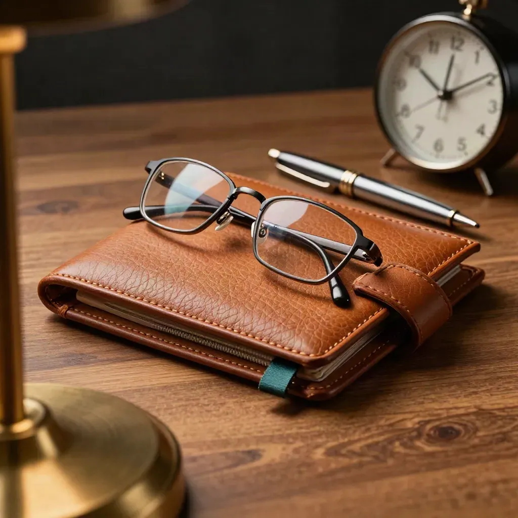 Leather portfolio, glasses, fountain pen and timer beside a brass lamp base on oak.