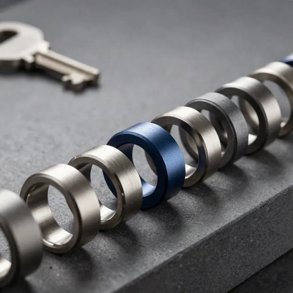 Machined rings, blocks, and connectors linked on a concrete plinth in dramatic studio light.
