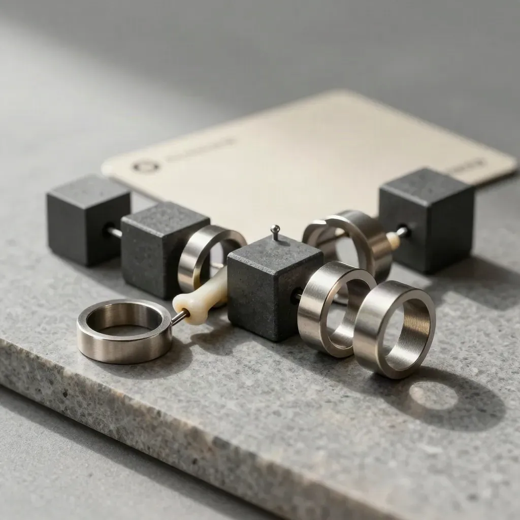 Graphite ring segments, cubes, and a white pin connector on stone in soft daylight.