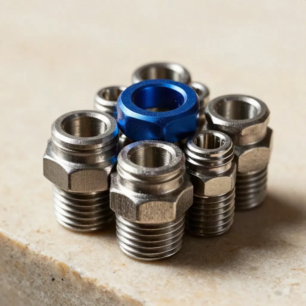 Macro of machined couplers, hex sockets and threaded collars with an electric-blue accent.