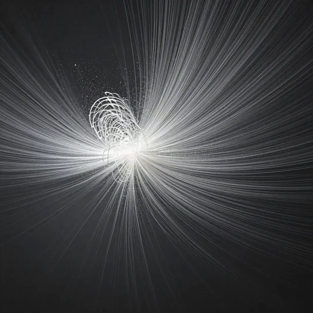 Abstract silver filaments bloom in graphite haze with drifting motes and open copy space.