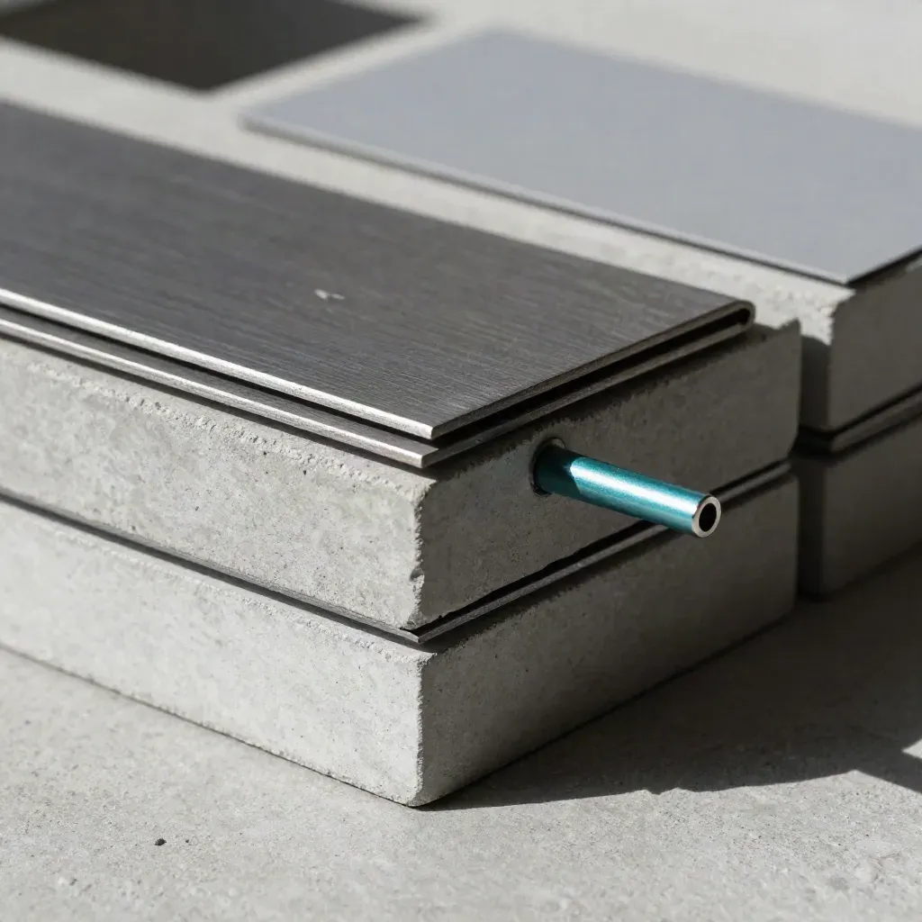 Macro of graphite modular blocks, folded metal plate and connector pin on concrete.